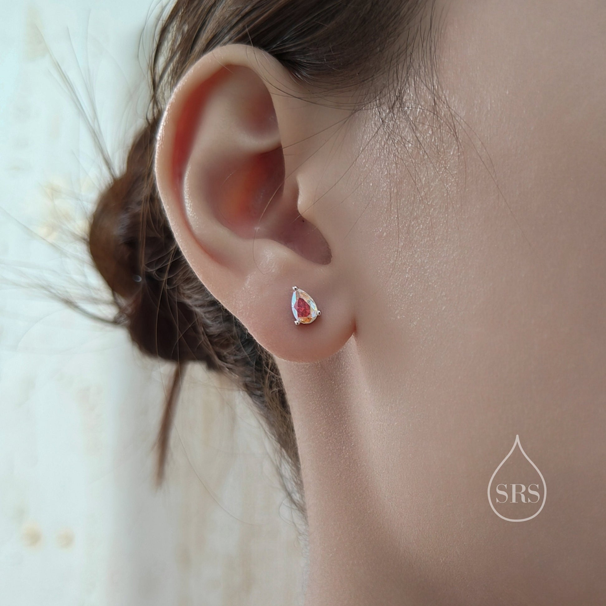 Sterling Silver Aurora AB CZ Droplet Stud Earrings, Pear Cut Aurora Colour Changing CZ Earrings