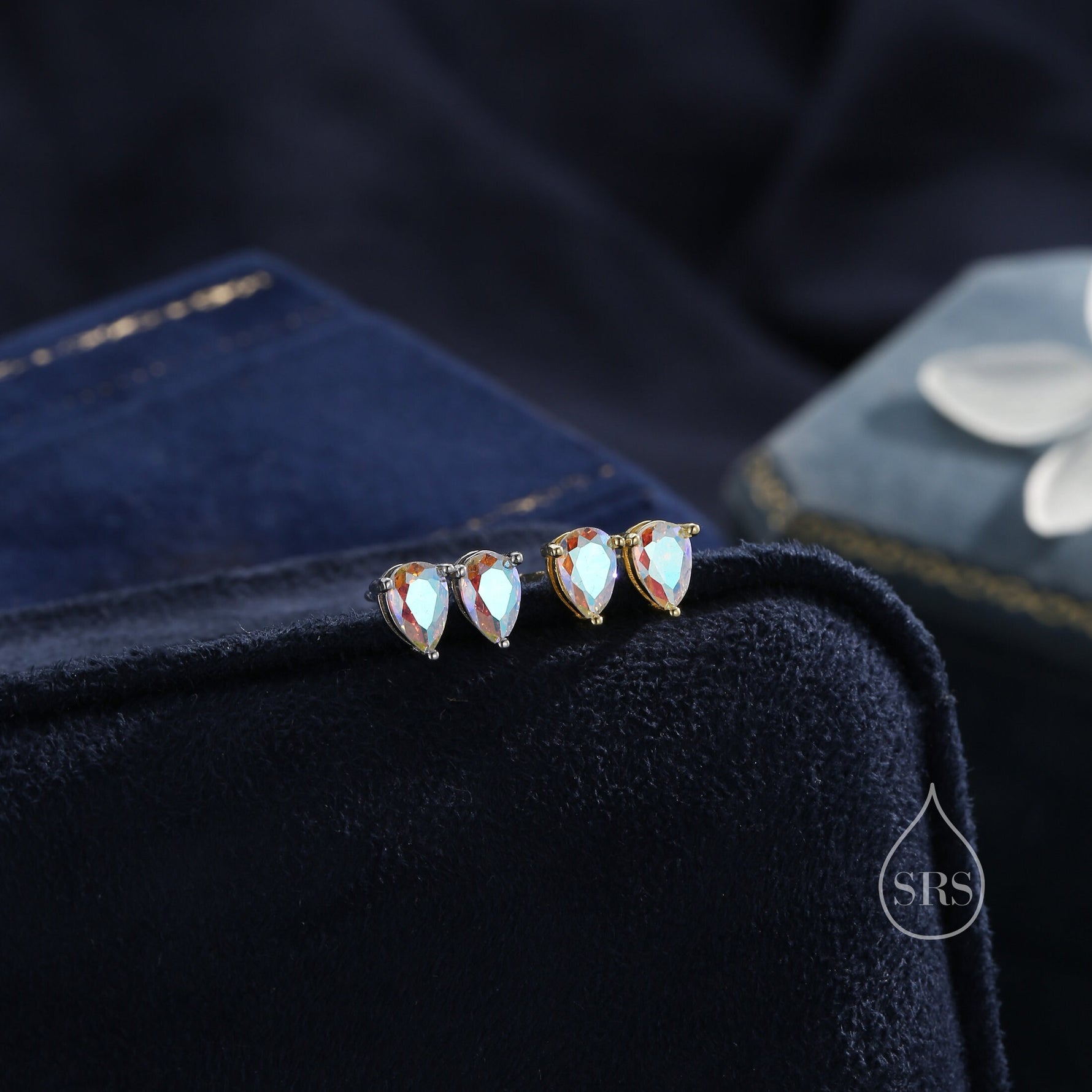 Sterling Silver Aurora AB CZ Droplet Stud Earrings, Pear Cut Aurora Colour Changing CZ Earrings