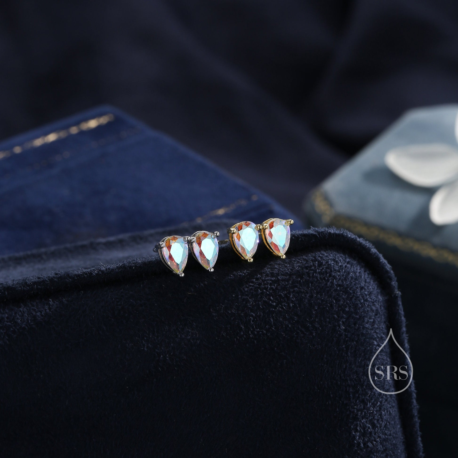 Sterling Silver Aurora AB CZ Droplet Stud Earrings, Pear Cut Aurora Colour Changing CZ Earrings