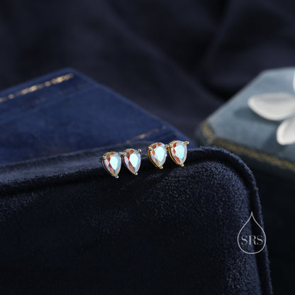 Sterling Silver Aurora AB CZ Droplet Stud Earrings, Pear Cut Aurora Colour Changing CZ Earrings