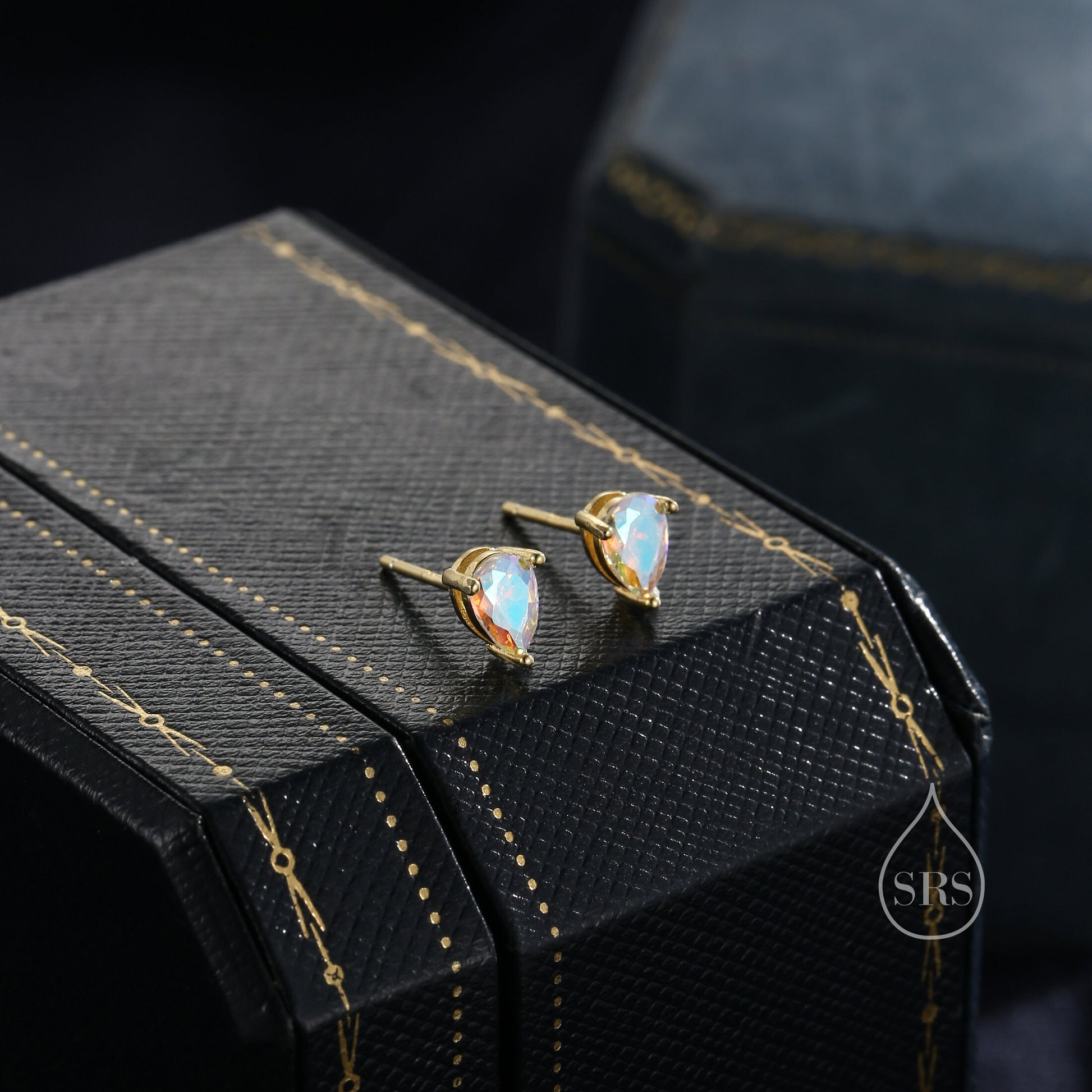 Sterling Silver Aurora AB CZ Droplet Stud Earrings, Pear Cut Aurora Colour Changing CZ Earrings