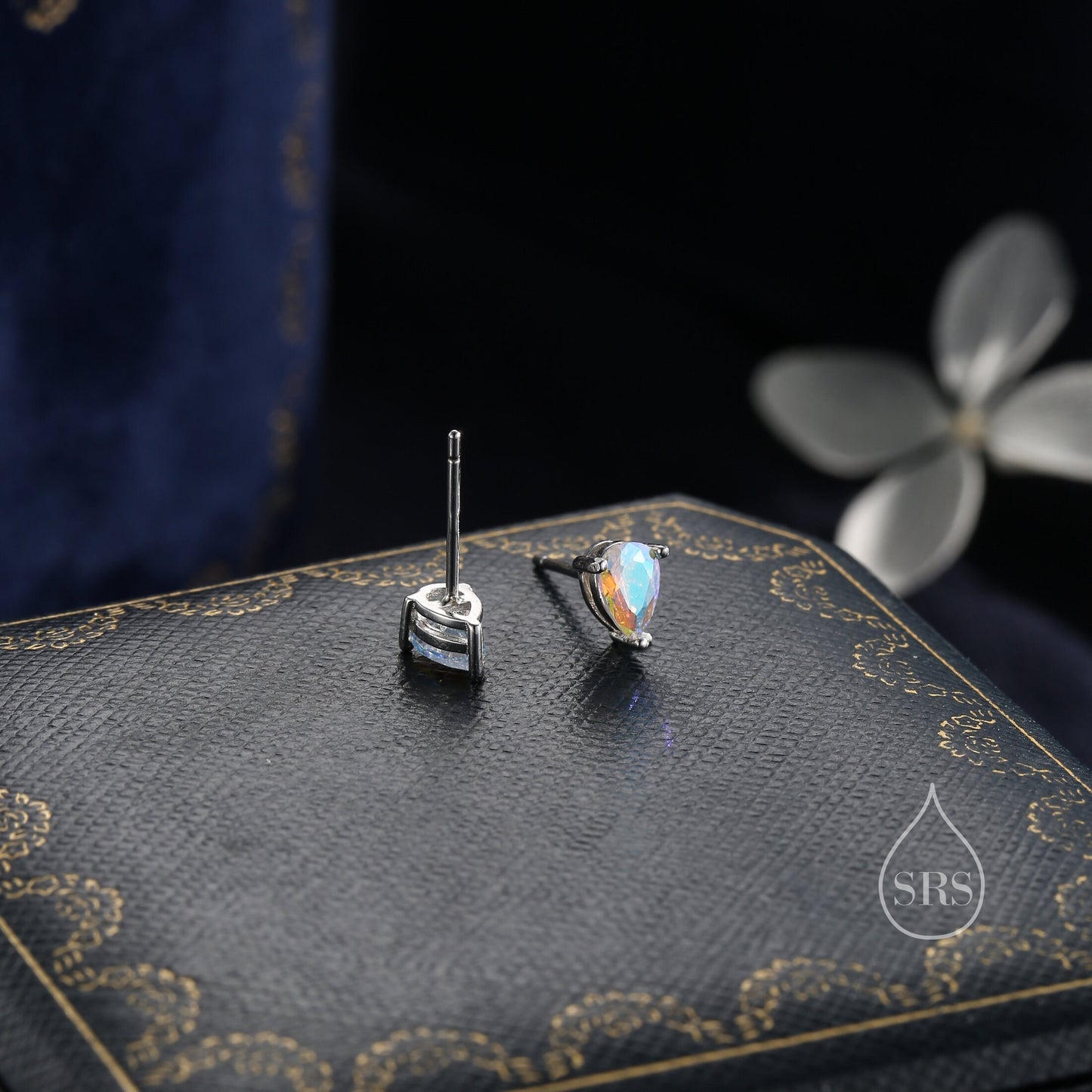 Sterling Silver Aurora AB CZ Droplet Stud Earrings, Pear Cut Aurora Colour Changing CZ Earrings