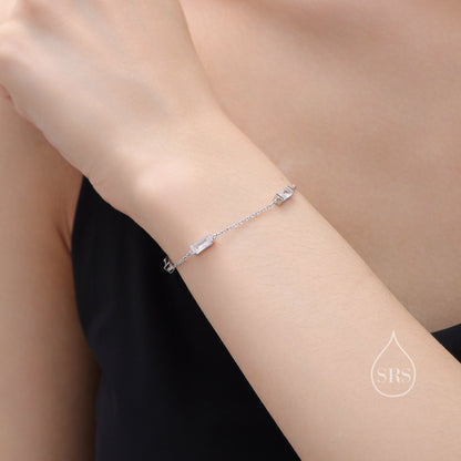 Baguette CZ Satellite Bracelet in Sterling Silver, Silver or Gold, Baguette CZ Bracelet, Chain Bracelet, Delicate CZ Bracelet