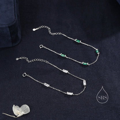 Emerald Green Baguette CZ Satellite Bracelet in Sterling Silver, Silver or Gold, Baguette CZ Bracelet, Chain Bracelet, Delicate CZ Bracelet