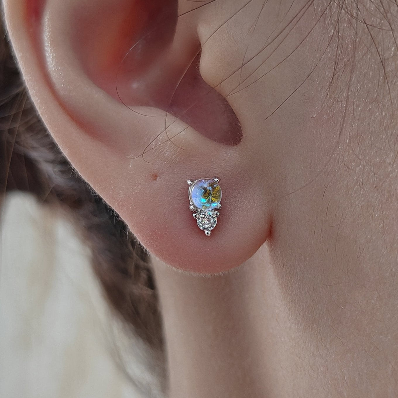 Sterling Silver Tiny Moonstone and CZ Stud Earrings, CZ and Moonstone Earrings, Lab Created Moonstone Earrings