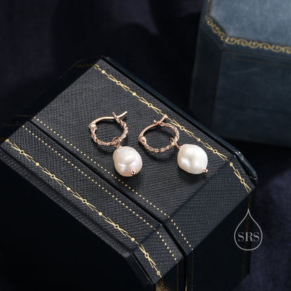 Baroque Pearl with Skinny Braided Hoop Earrings in Sterling Silver,  Pearl Twisted Hoop Earrings, Pearl Huggie Hoops, Keshi Pearls