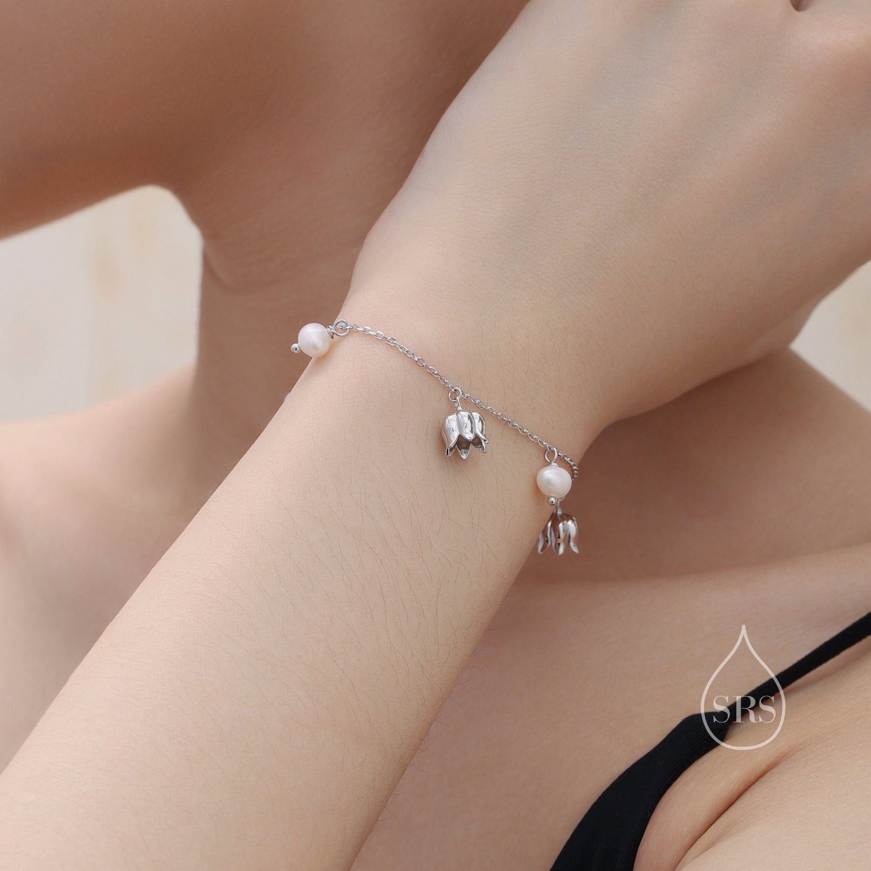 Lily of the Valley Flower and Freshwater Pearl Charm Bracelet in Sterling Silver, Flower Bracelet with Natural Pearls, Genuine Pearls