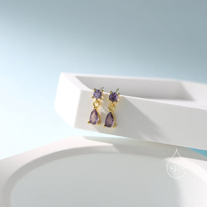 Tiny Amethyst Purple Double CZ Stud Earrings in Sterling Silver with Round and Droplet CZ, Silver or Gold, Two CZ Prong Set Earrings