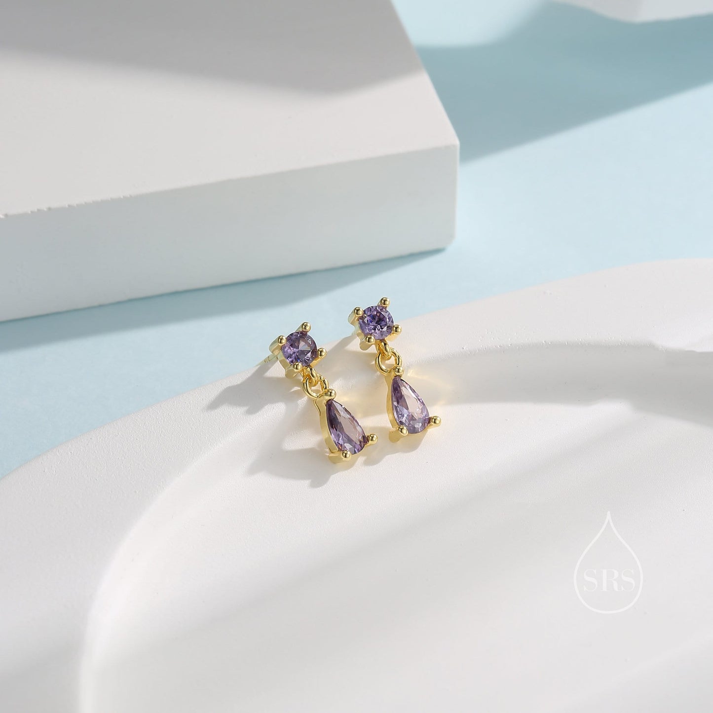 Tiny Amethyst Purple Double CZ Stud Earrings in Sterling Silver with Round and Droplet CZ, Silver or Gold, Two CZ Prong Set Earrings