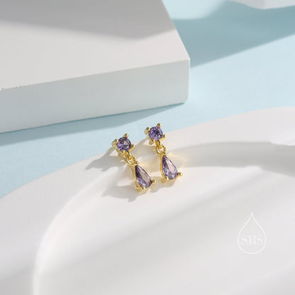 Tiny Amethyst Purple Double CZ Stud Earrings in Sterling Silver with Round and Droplet CZ, Silver or Gold, Two CZ Prong Set Earrings