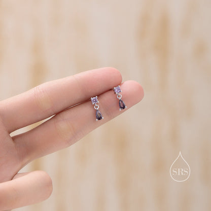 Tiny Amethyst Purple Double CZ Stud Earrings in Sterling Silver with Round and Droplet CZ, Silver or Gold, Two CZ Prong Set Earrings