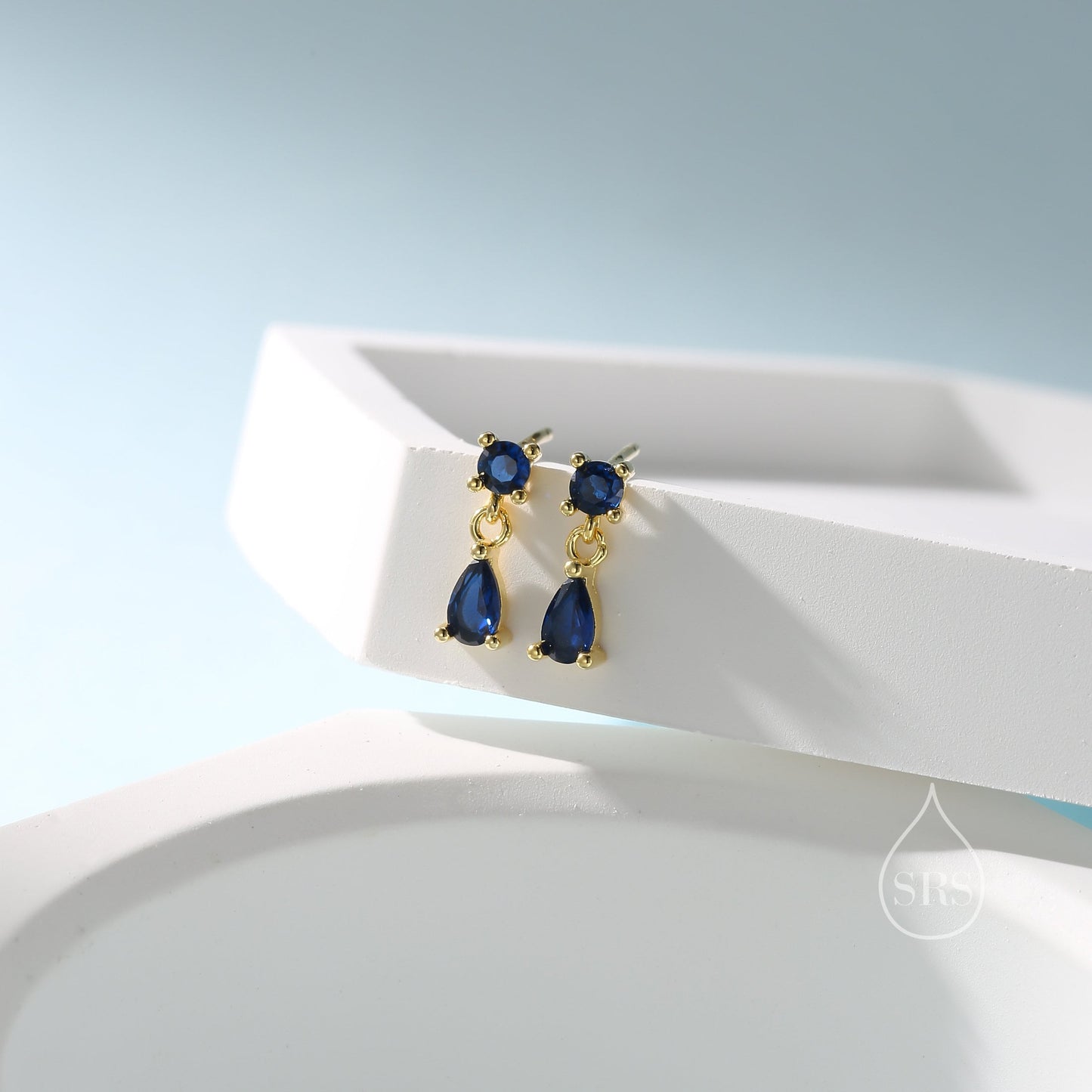 Tiny Sapphire Blue Double CZ Stud Earrings in Sterling Silver with Round and Droplet CZ, Silver or Gold, Two CZ Prong Set Earrings