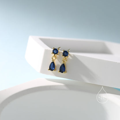 Tiny Sapphire Blue Double CZ Stud Earrings in Sterling Silver with Round and Droplet CZ, Silver or Gold, Two CZ Prong Set Earrings