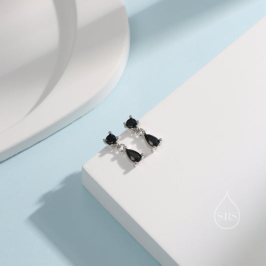 Tiny Double Black CZ Stud Earrings in Sterling Silver with Round and Droplet CZ, Silver or Gold, Two CZ Prong Set Earrings