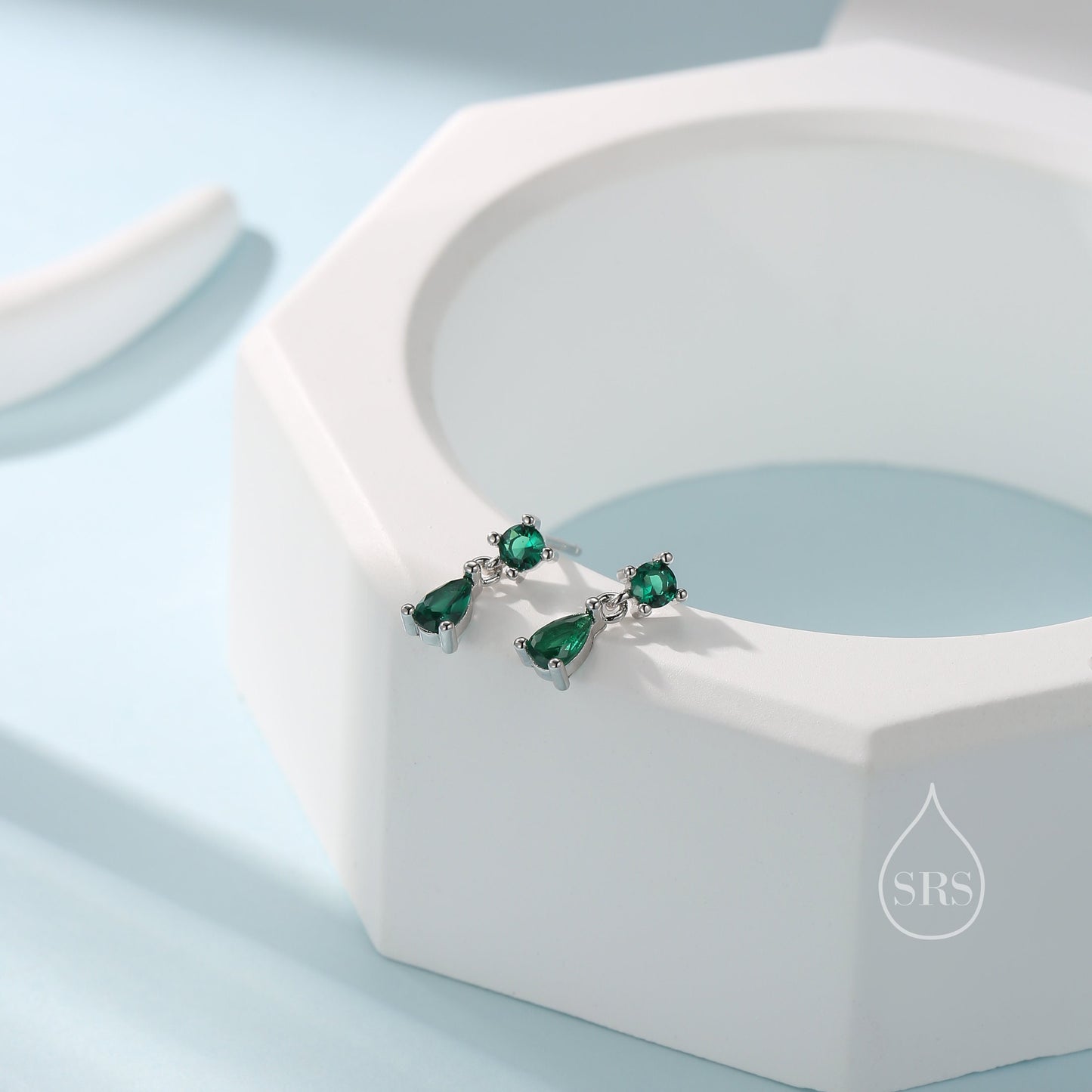 Tiny Emerald Green Double CZ Stud Earrings in Sterling Silver with Round and Droplet CZ, Silver or Gold, Two CZ Prong Set Earrings