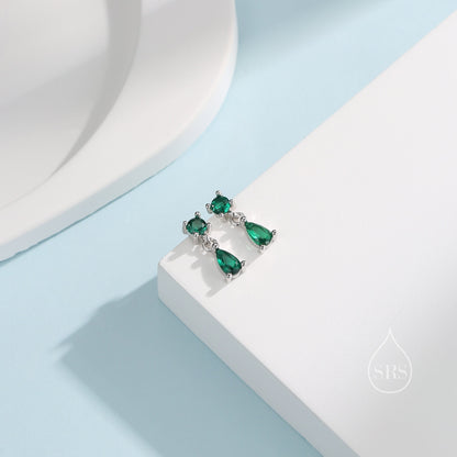 Tiny Emerald Green Double CZ Stud Earrings in Sterling Silver with Round and Droplet CZ, Silver or Gold, Two CZ Prong Set Earrings