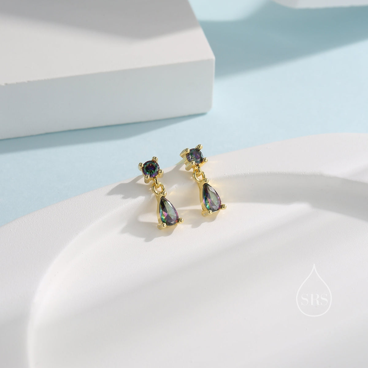 Tiny Double Mystic Black CZ Stud Earrings in Sterling Silver with Round and Droplet CZ, Silver or Gold, Two Mystic Topaz CZ Prong Earrings