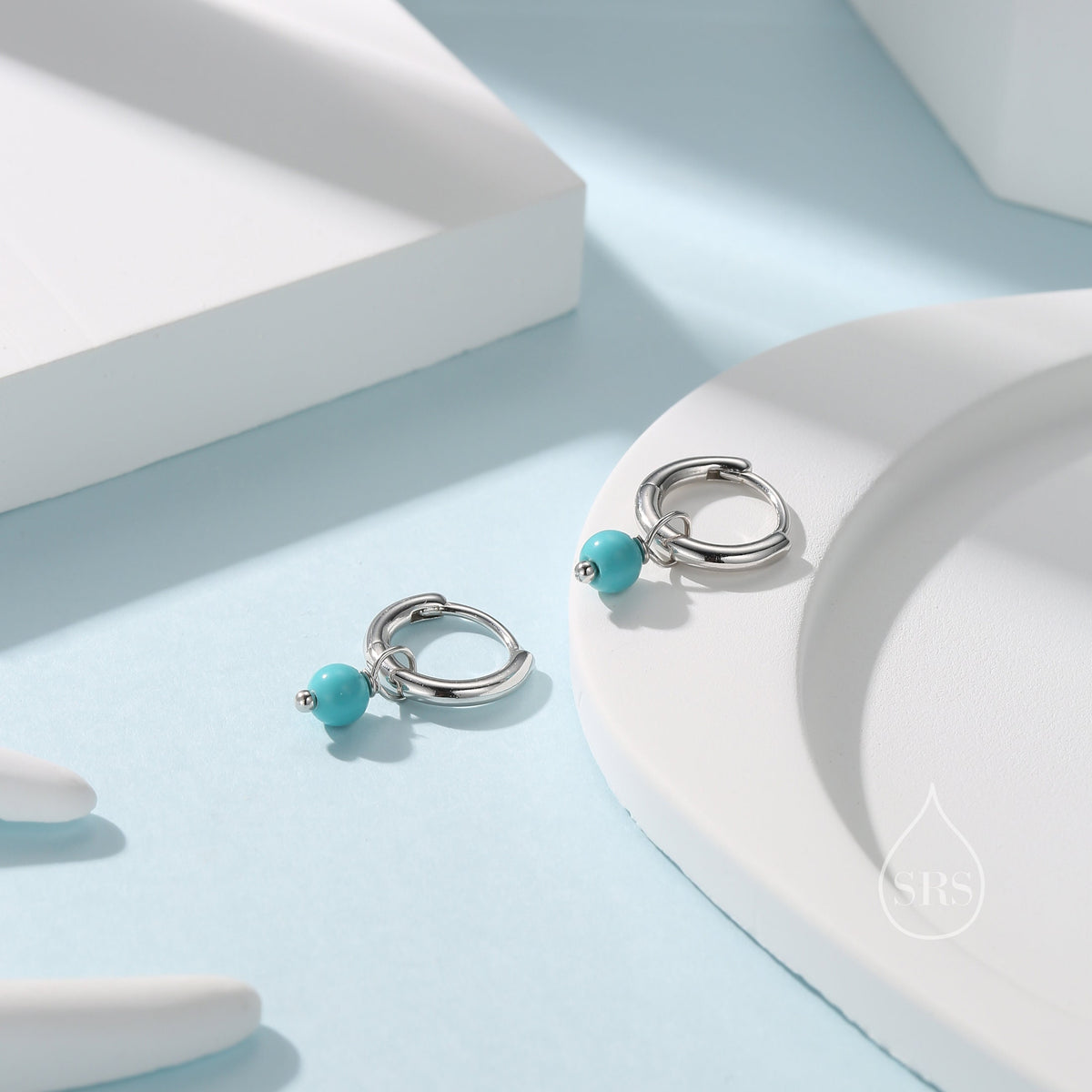 Sterling Silver Blue Turquoise Bead Huggie Hoop Earrings, Silver or Gold, Minimalist Turquoise Dangle Hoop Earrings, Turquoise Hoop Earrings
