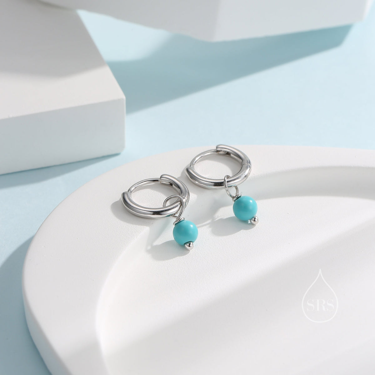 Sterling Silver Blue Turquoise Bead Huggie Hoop Earrings, Silver or Gold, Minimalist Turquoise Dangle Hoop Earrings, Turquoise Hoop Earrings