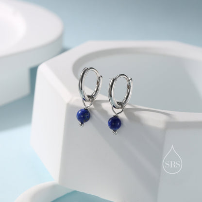 Sterling Silver Genuine Lapis Lazuli Bead Huggie Hoop Earrings,  Minimalist Lapis Lazuli Stone Dangle Hoop Earrings, Lapis Hoop Earrings