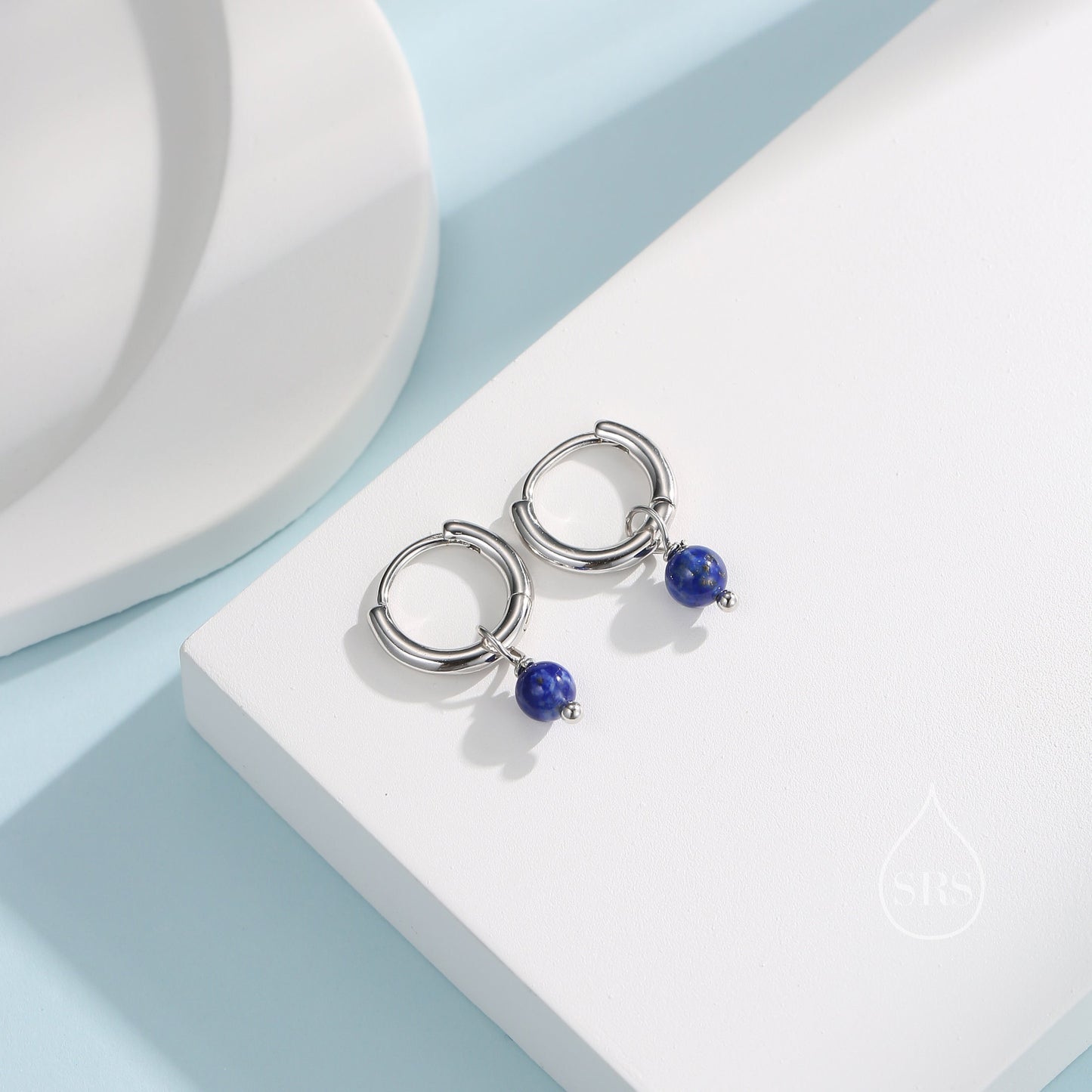 Sterling Silver Genuine Lapis Lazuli Bead Huggie Hoop Earrings,  Minimalist Lapis Lazuli Stone Dangle Hoop Earrings, Lapis Hoop Earrings