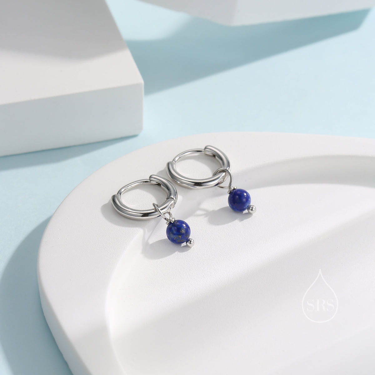 Sterling Silver Genuine Lapis Lazuli Bead Huggie Hoop Earrings, Minimalist Lapis Lazuli Stone Dangle Hoop Earrings, Lapis Hoop Earrings