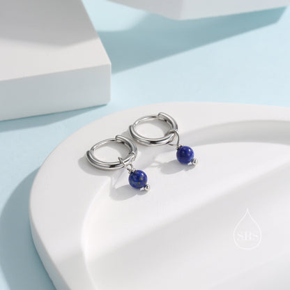 Sterling Silver Genuine Lapis Lazuli Bead Huggie Hoop Earrings,  Minimalist Lapis Lazuli Stone Dangle Hoop Earrings, Lapis Hoop Earrings