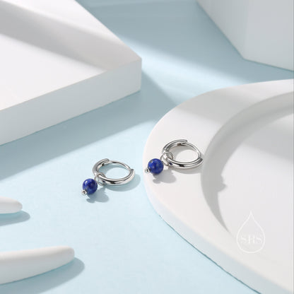 Sterling Silver Genuine Lapis Lazuli Bead Huggie Hoop Earrings,  Minimalist Lapis Lazuli Stone Dangle Hoop Earrings, Lapis Hoop Earrings