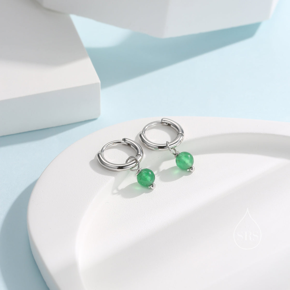 Sterling Silver Natural Green Onyx Bead Huggie Hoop Earrings, Minimalist Green Onyx Dangle Hoop Earrings, Green Chalcedony Hoop Earrings