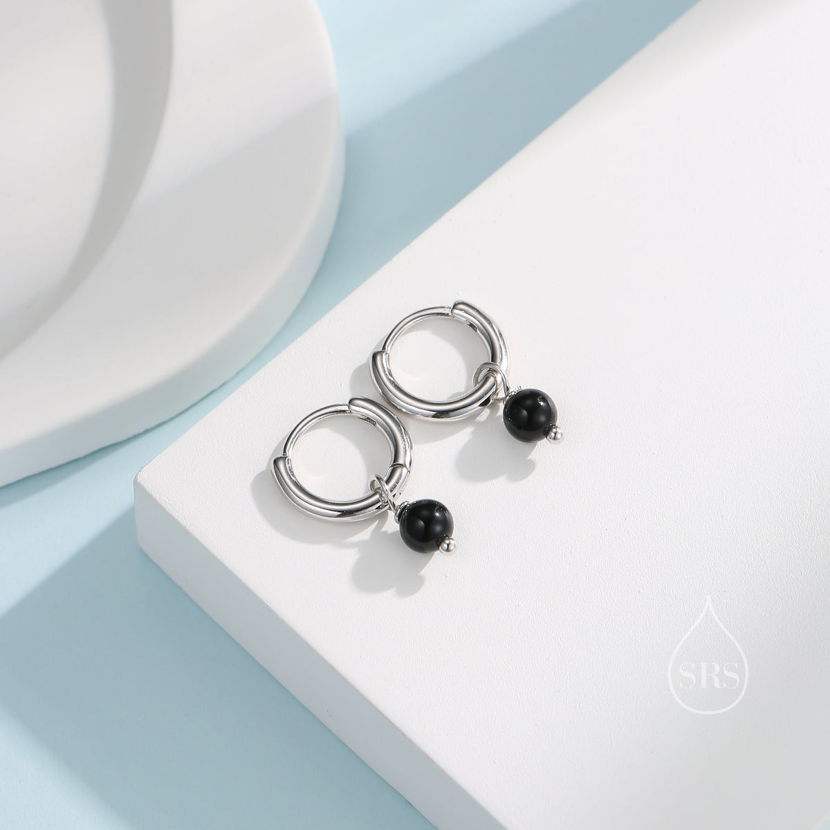 Sterling Silver Natural Black Onyx Bead Huggie Hoop Earrings, Minimalist Black Onyx Dangle Hoop Earrings, Black Agate Hoop Earrings