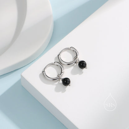 Sterling Silver Natural Black Onyx Bead Huggie Hoop Earrings,  Minimalist Black Onyx Dangle Hoop Earrings, Black Agate Hoop Earrings