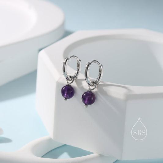 Sterling Silver Natural Amethyst Bead Huggie Hoop Earrings, Minimalist Purple Amethyst Dangle Hoop Earrings, Amethyst Hoop Earrings