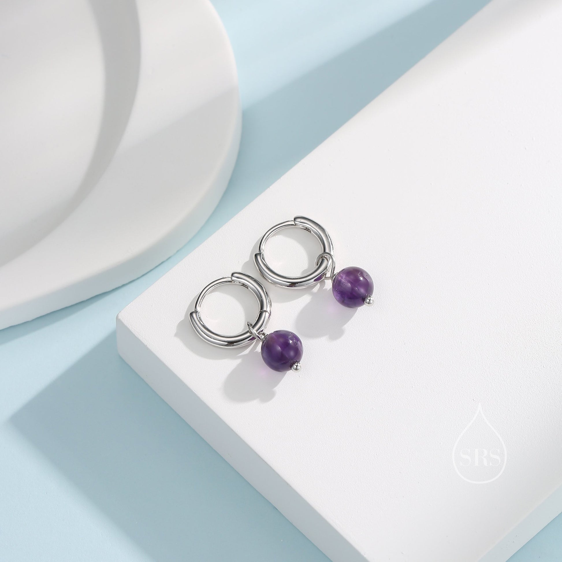 Sterling Silver Natural Amethyst Bead Huggie Hoop Earrings, Minimalist Purple Amethyst Dangle Hoop Earrings, Amethyst Hoop Earrings
