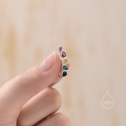 Rainbow Droplet CZ Cluster Crawler Earrings in Sterling Silver, Silver or Gold, Pear CZ Cluster Crawler, Cluster Earrings