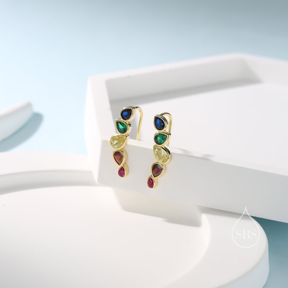 Rainbow Droplet CZ Cluster Crawler Earrings in Sterling Silver, Silver or Gold, Pear CZ Cluster Crawler, Cluster Earrings