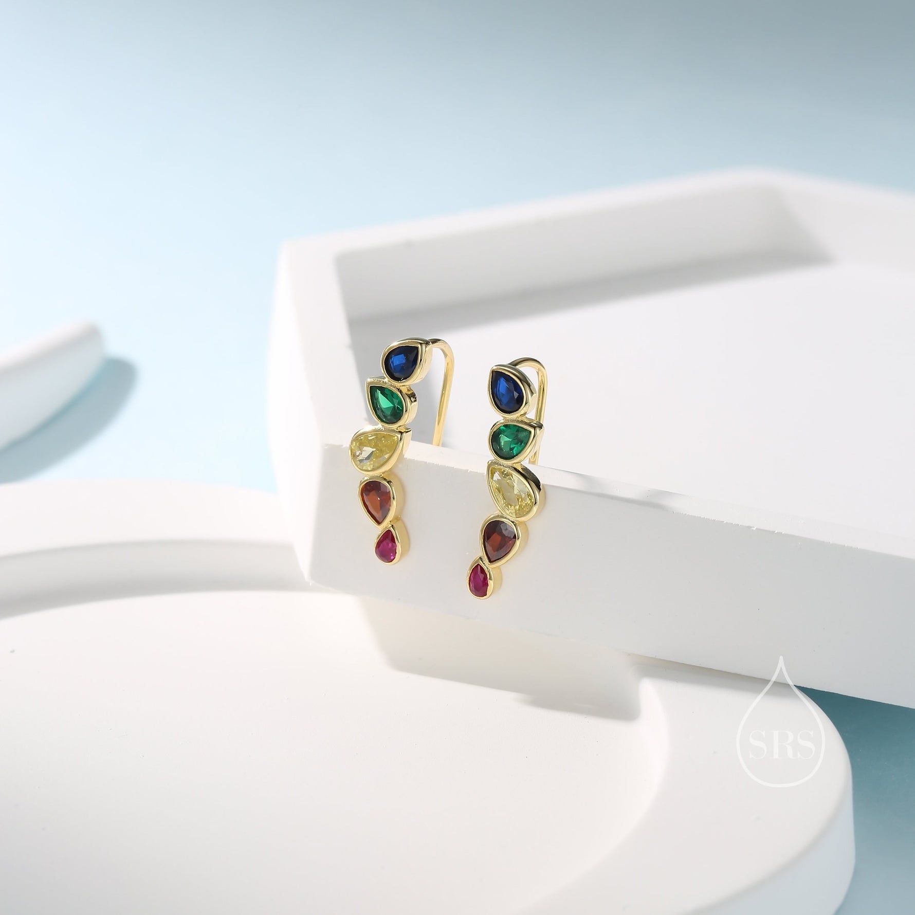 Rainbow Droplet CZ Cluster Crawler Earrings in Sterling Silver, Silver or Gold, Pear CZ Cluster Crawler, Cluster Earrings