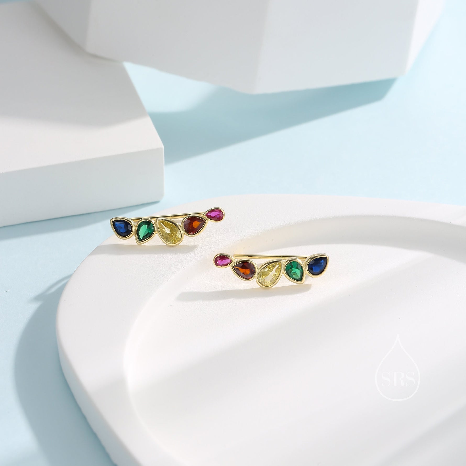Rainbow Droplet CZ Cluster Crawler Earrings in Sterling Silver, Silver or Gold, Pear CZ Cluster Crawler, Cluster Earrings