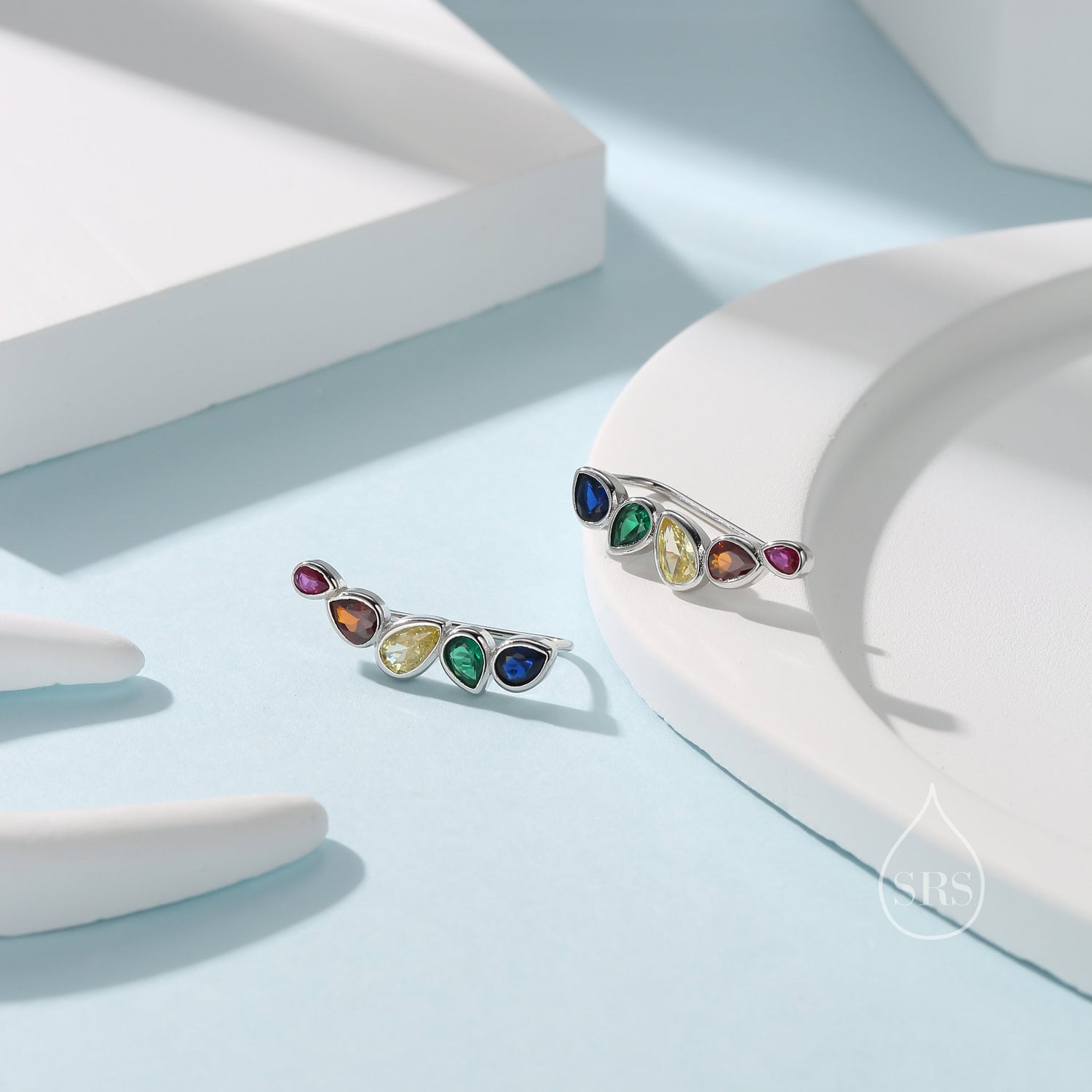 Rainbow Droplet CZ Cluster Crawler Earrings in Sterling Silver, Silver or Gold, Pear CZ Cluster Crawler, Cluster Earrings