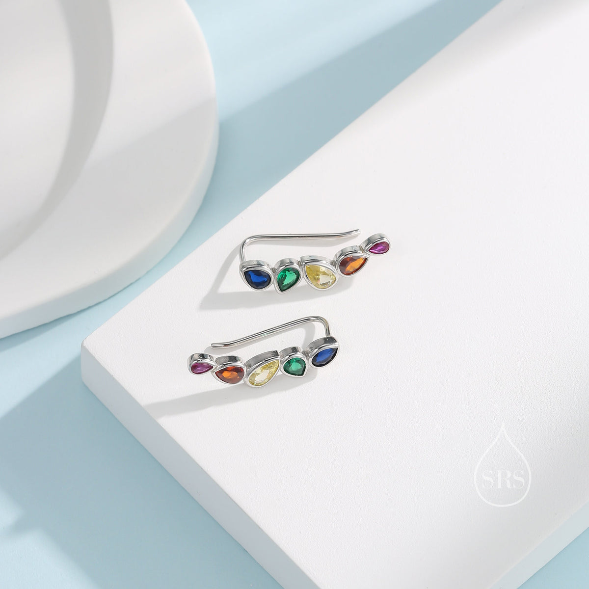 Rainbow Droplet CZ Cluster Crawler Earrings in Sterling Silver, Silver or Gold, Pear CZ Cluster Crawler, Cluster Earrings