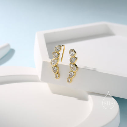 Clear CZ Droplet Cluster Crawler Earrings in Sterling Silver, Silver or Gold, Pear CZ Cluster Crawler, Cluster Earrings
