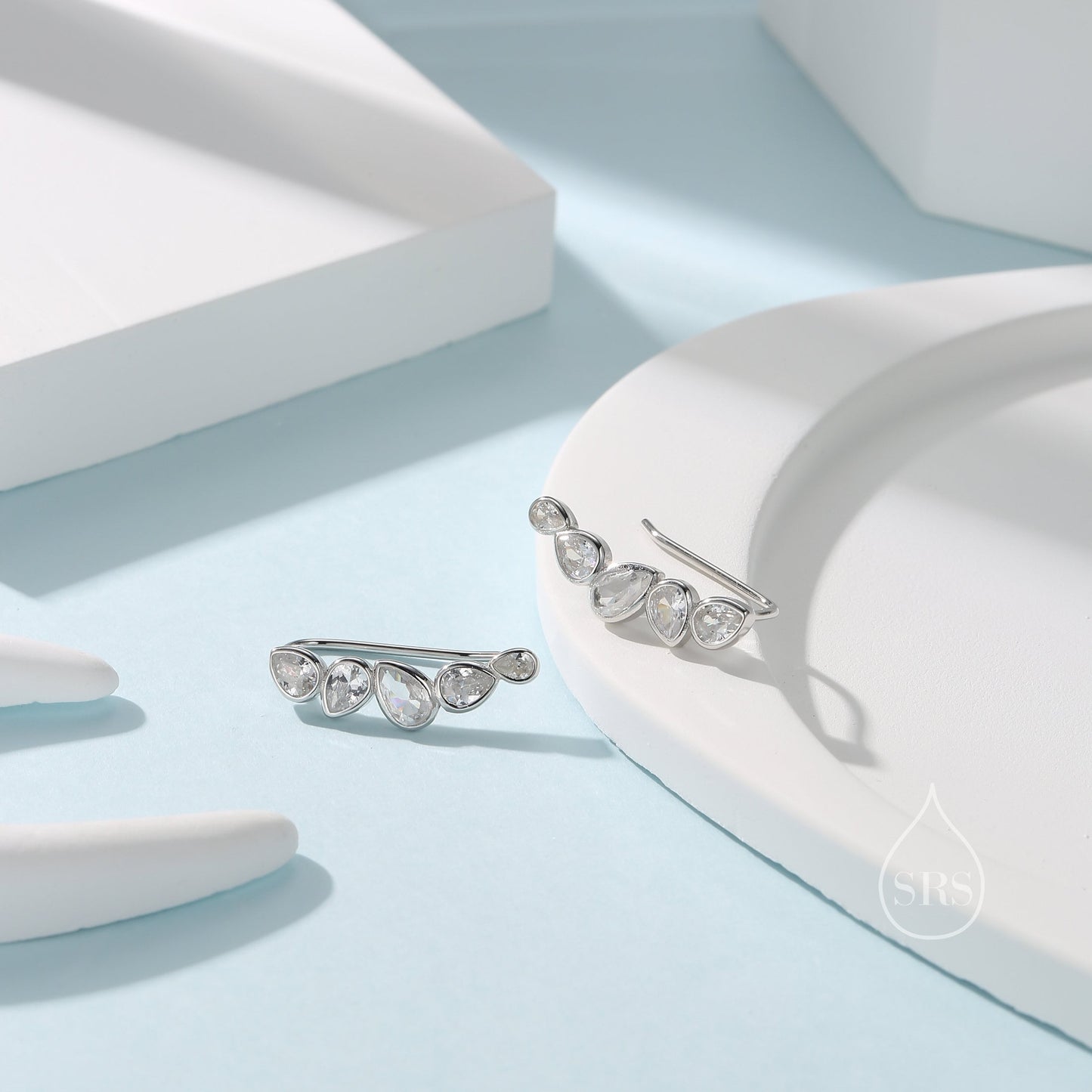 Clear CZ Droplet Cluster Crawler Earrings in Sterling Silver, Silver or Gold, Pear CZ Cluster Crawler, Cluster Earrings