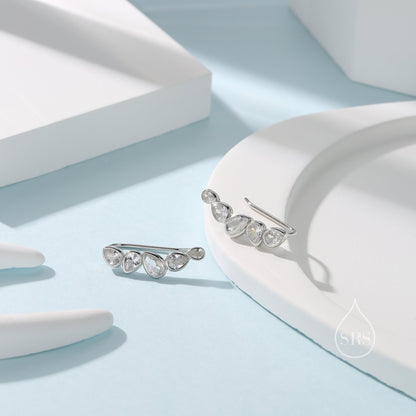 Clear CZ Droplet Cluster Crawler Earrings in Sterling Silver, Silver or Gold, Pear CZ Cluster Crawler, Cluster Earrings