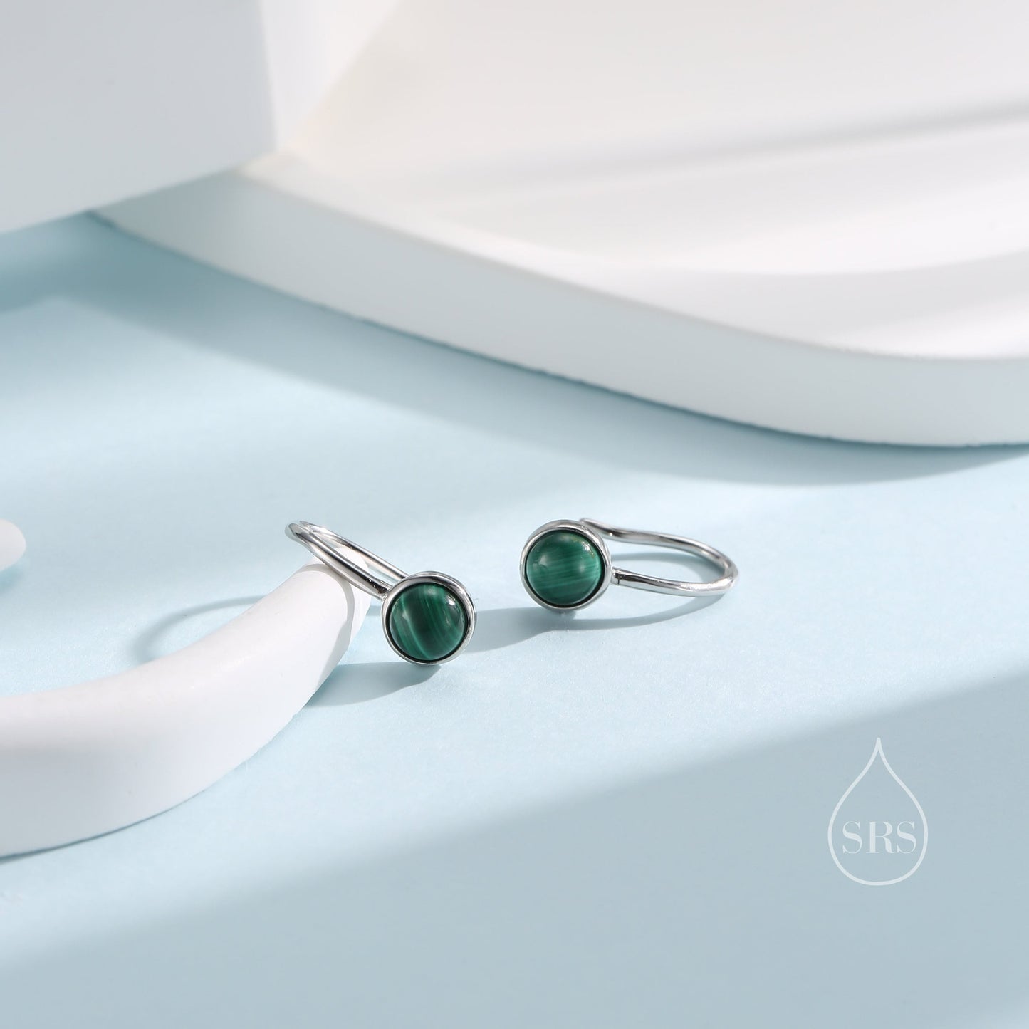 Genuine Malachite Drop Earrings in Sterling Silver, Natural Malachite Round Hook Earrings, Delicate Green Malachite Earrings