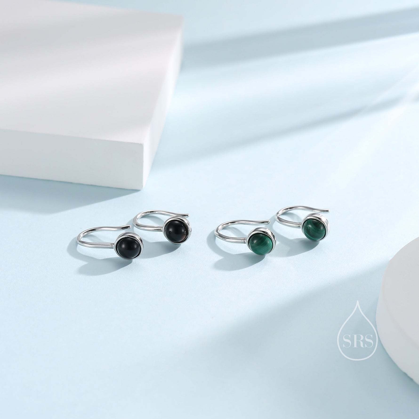 Genuine Malachite Drop Earrings in Sterling Silver, Natural Malachite Round Hook Earrings, Delicate Green Malachite Earrings