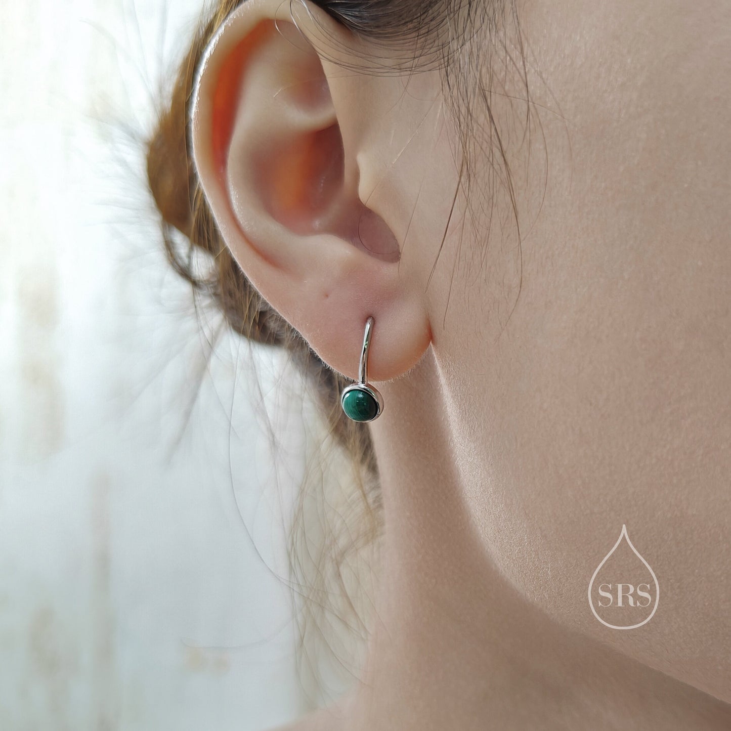 Genuine Malachite Drop Earrings in Sterling Silver, Natural Malachite Round Hook Earrings, Delicate Green Malachite Earrings