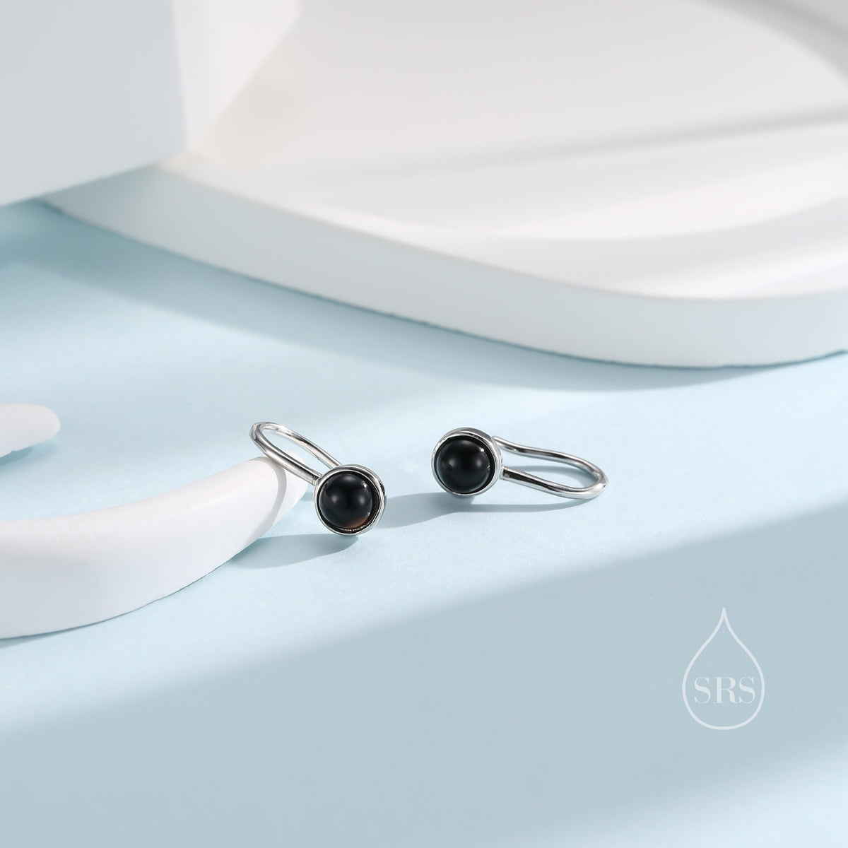 Genuine Black Onyx Drop Earrings in Sterling Silver, Natural Black Onyx Round Hook Earrings, Delicate Black Agate Earrings