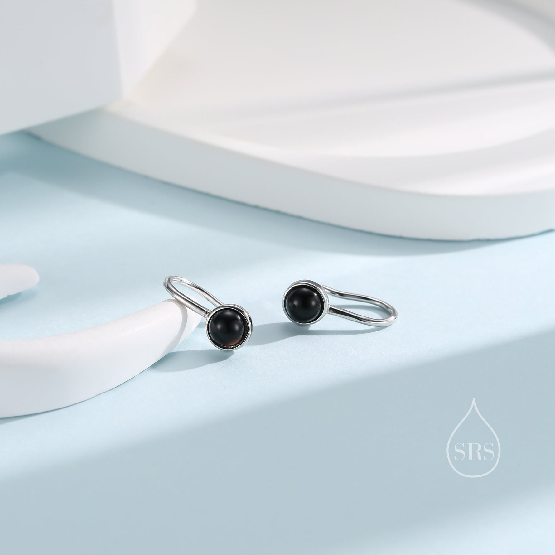 Genuine Black Onyx Drop Earrings in Sterling Silver, Natural Black Onyx Round Hook Earrings, Delicate Black Agate Earrings