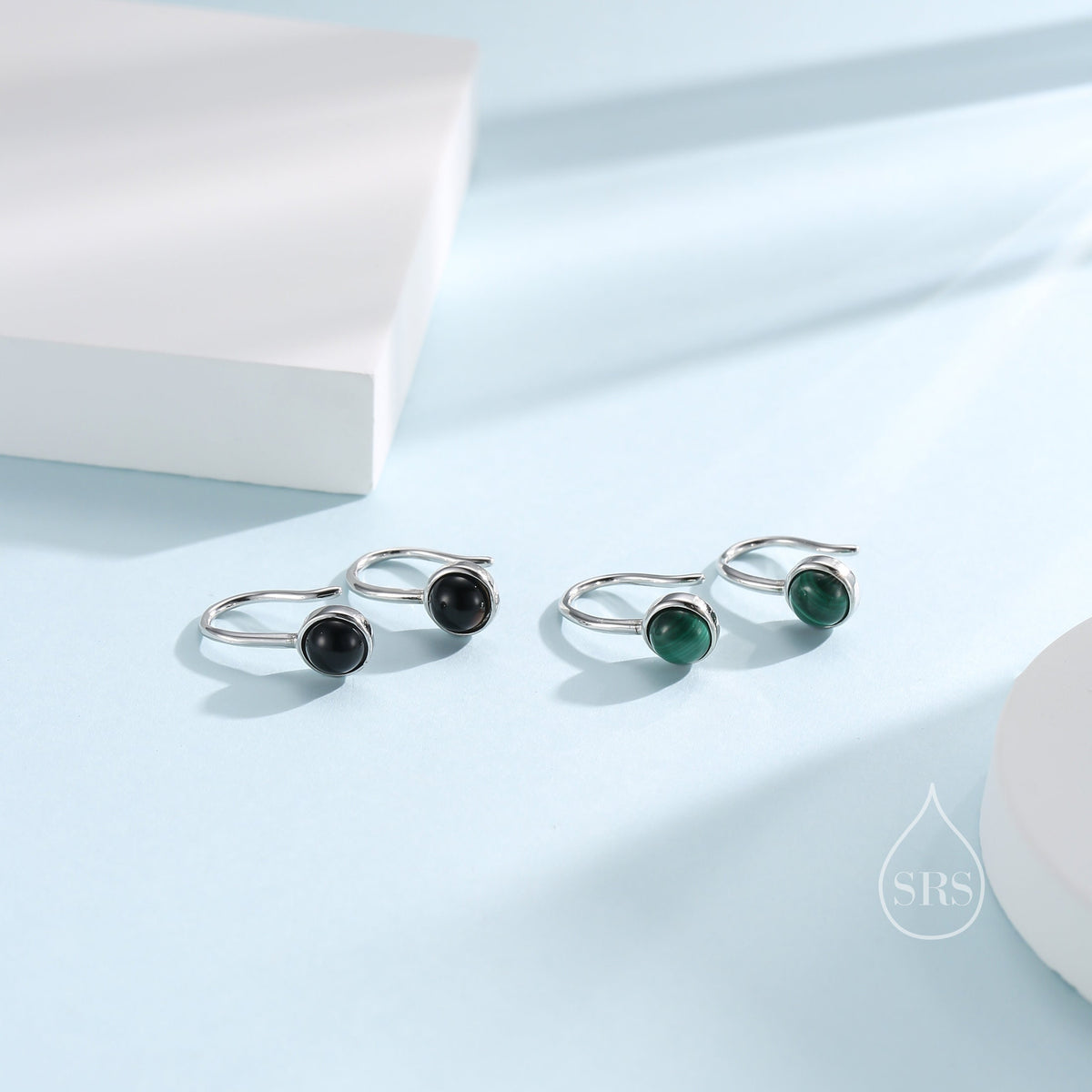 Genuine Black Onyx Drop Earrings in Sterling Silver, Natural Black Onyx Round Hook Earrings, Delicate Black Agate Earrings