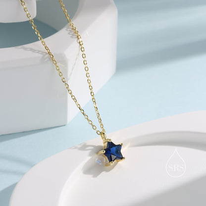 Sterling Silver Sapphire Blue CZ Star Pendant Necklace, Silver or Gold, Blue Star Necklace