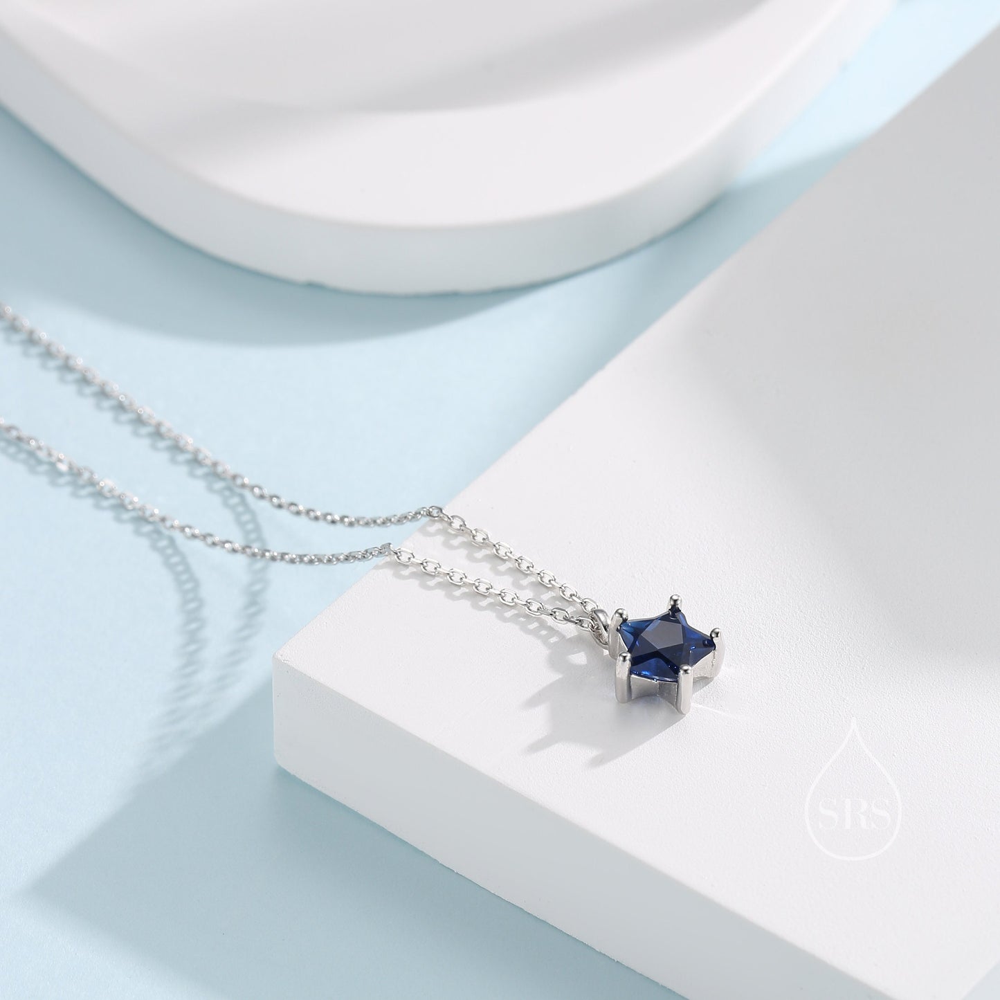 Sterling Silver Sapphire Blue CZ Star Pendant Necklace, Silver or Gold, Blue Star Necklace